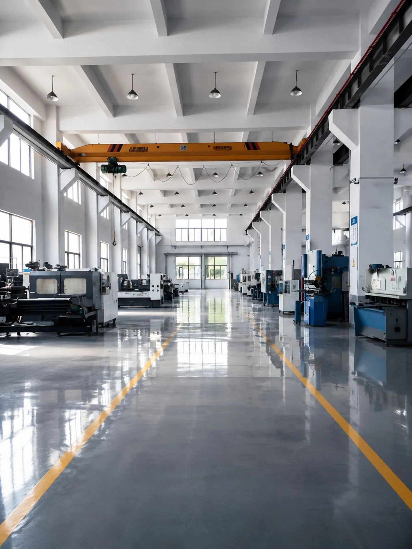 Production workshop with machining equipment and overhead crane